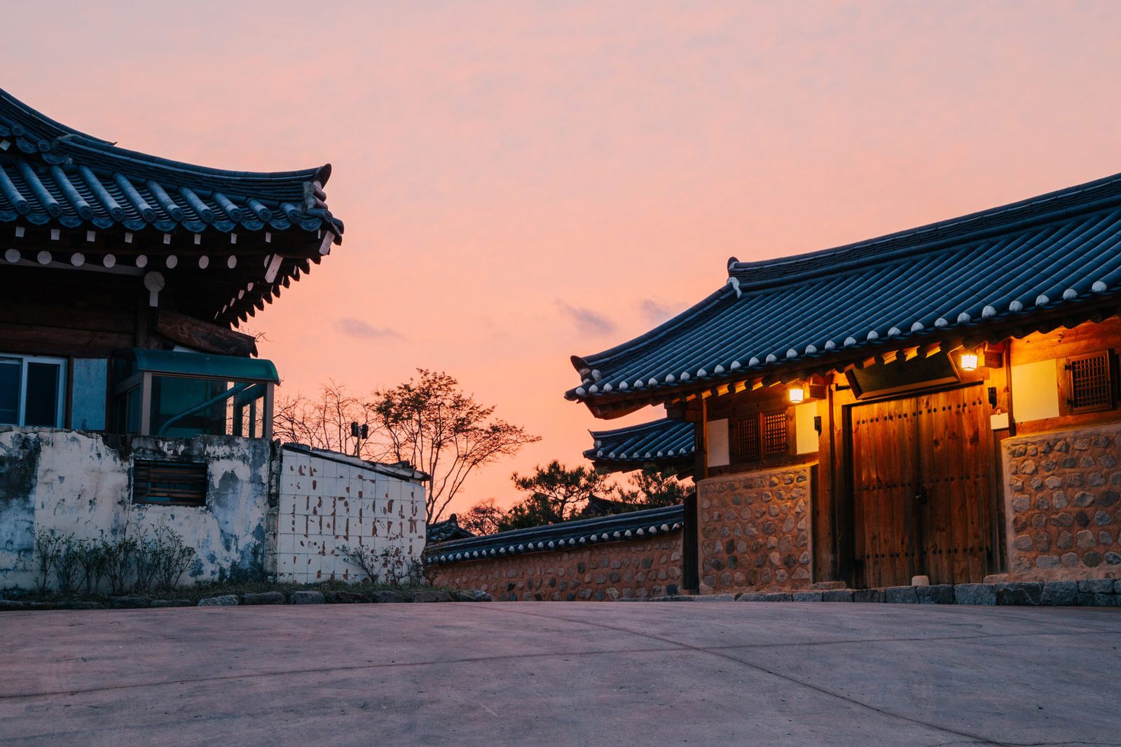 Korean hanok at sunset